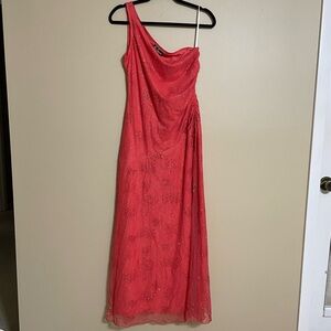 Vintage beaded coral mermaid formal midi dress ruch slit flowy prom size 10